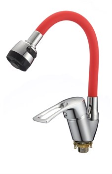 Смеситель для кухни с силиконовым изливом D150422-4T,  красный и  хром - фото 32743