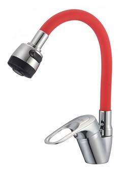 Смеситель для кухни с гибким силиконовым изливом D150628-4T,  красный и  хром - фото 32749