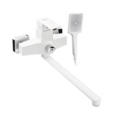 Смеситель в ванную, длинный излив, шаровый, из высокопрочного пластика АБС, БЕЛЫЙ, квадратный корпус
