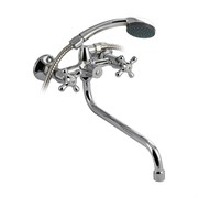 Смеситель в ванную металлокерамика с переключением щелчок, ручка крест с длинным изливом