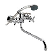 Смеситель в ванную металлокерамика с шаровым переключением, ручка крест с длинным изливом